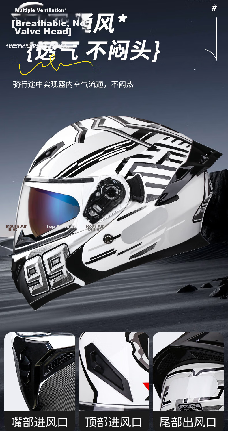 YEBAO Motorcycle Helmet Flip-up Cruiser Racing Helmet Dual Visor Unisex Outdoor Riding Helmet New National Standard 3C DOT Certified Bright Black XL 5