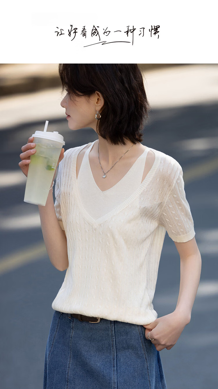 Demana [100 Lyocell] Summer Halter Neck Two-Piece V-Neck Cable Knit Slim Fit Short Sleeve Sweater for Women Premium Quality 1