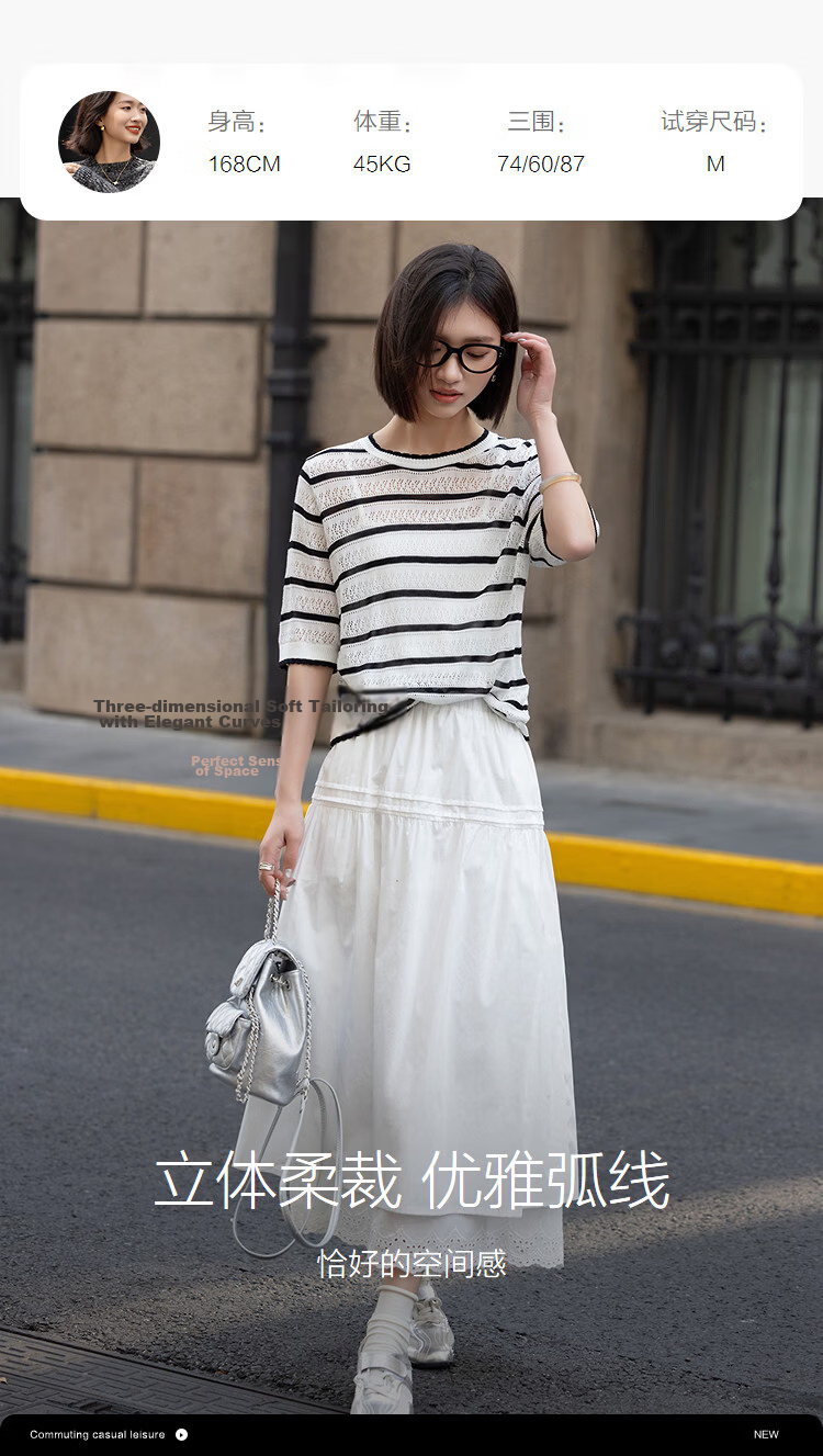 Demana Black Technology Antibacterial Summer Lightweight Striped Colorblock Jacquard Wave Edge Slimming Concealing Knit Sweater for Women Premium 9