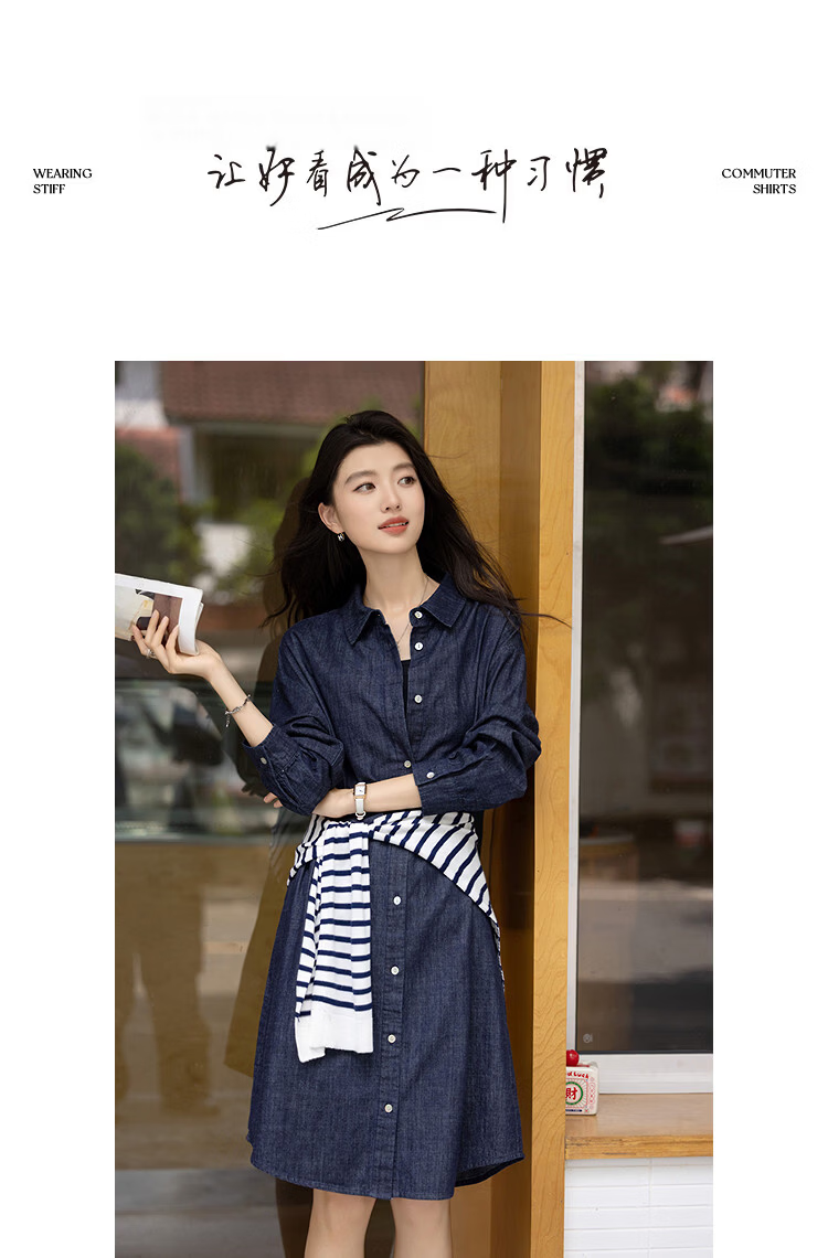Demana [Light Oxygen 100 Cotton] Spring Korean Style Lapel Drop Shoulder Loose Short Denim Shirt Dress for Women 9