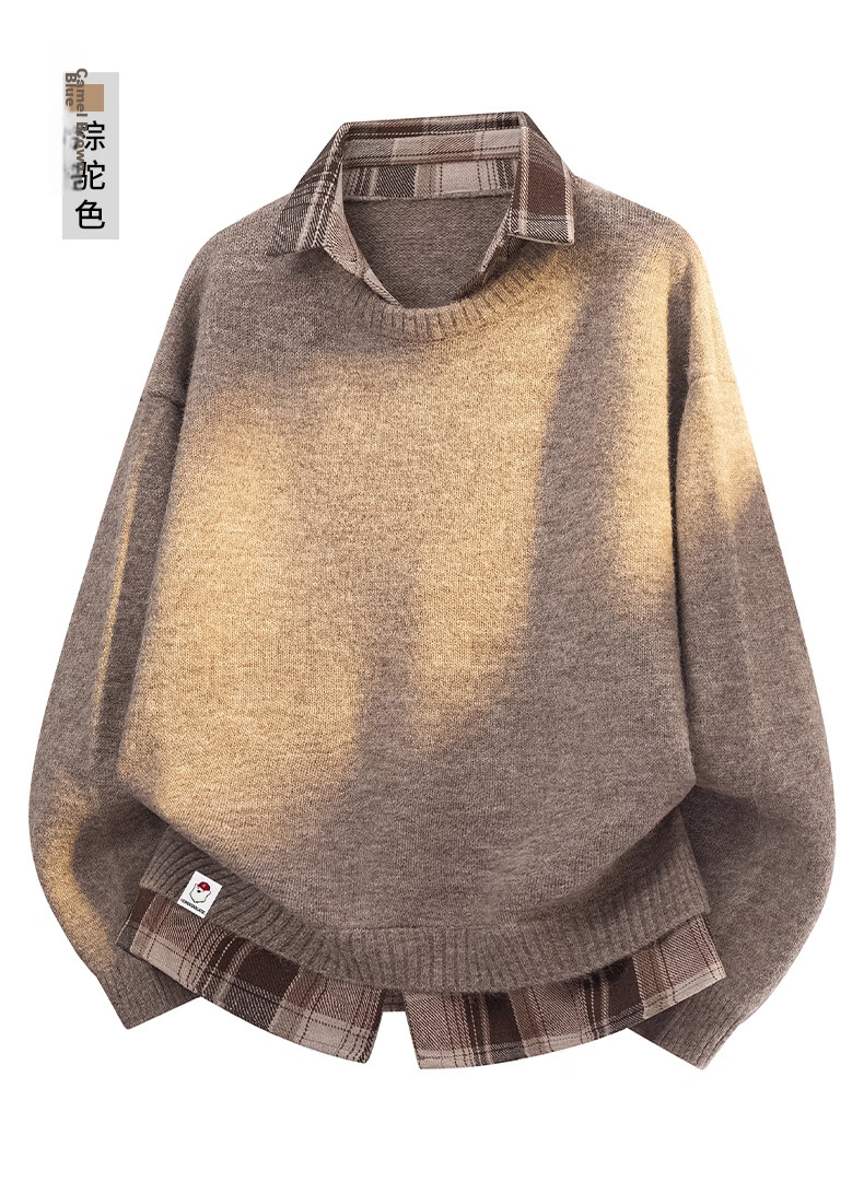:CHOCOOLATE Men's Spring and Autumn New Fake Two-Piece Knit Sweater Jacket Loose Fit Long Sleeve Sweater Brown Camel 3XL 15
