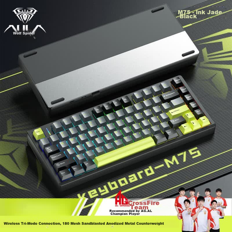 AULA M75 Custom Mechanical Keyboard Tri-Mode Aluminum Wired 2.4G Bluetooth Gasket Structure Gaming M75 Tri-Mode Ink Black Ice Pulse Switch