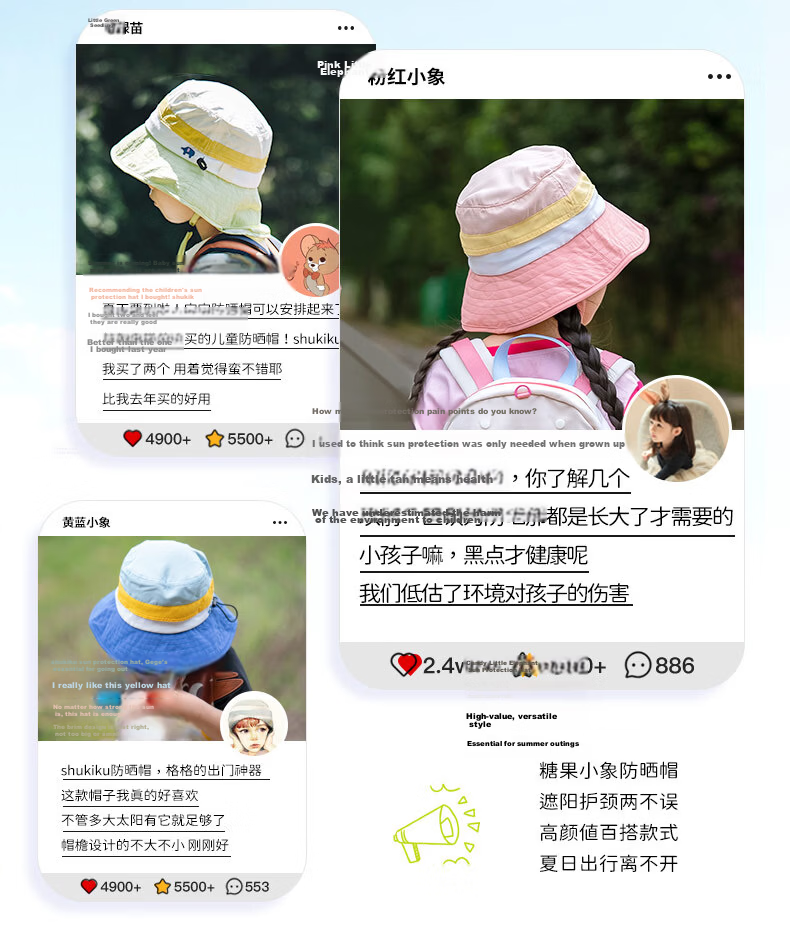SHUKIKU Kids Sun Protection Hat UV Adjustable Breathable Bucket Hat Yellow Blue Elephant Size M 2