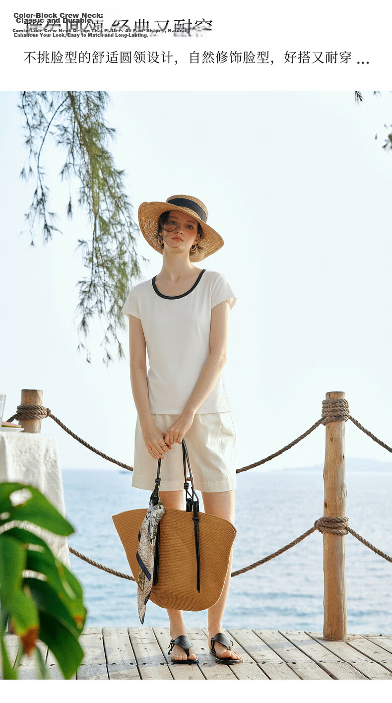 Olrain Eurielle Summer New Pleated Waist Slim Fit Color-Block Round Neck Short Sleeve T-Shirt Women Casual Top White XL 3