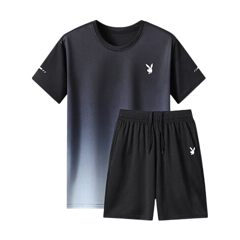 PLAYBOY Men's Summer Casual Cooling Breathable Quick-Dry Short Sleeve and Shorts Sports Two-Piece Set Black Gray XL