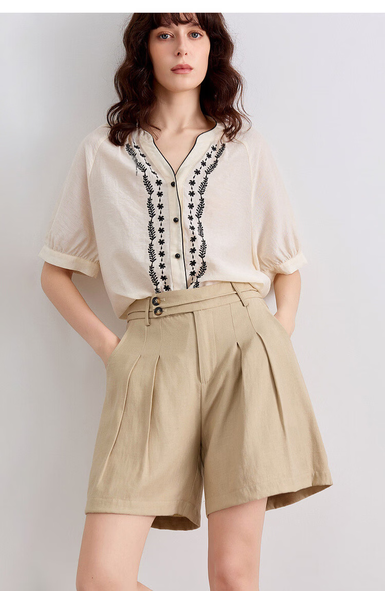 Demana Ethnic Style Color-Block Embroidered Shirt Women Summer New Literary V-Neck Loose Short Sleeve Top 17