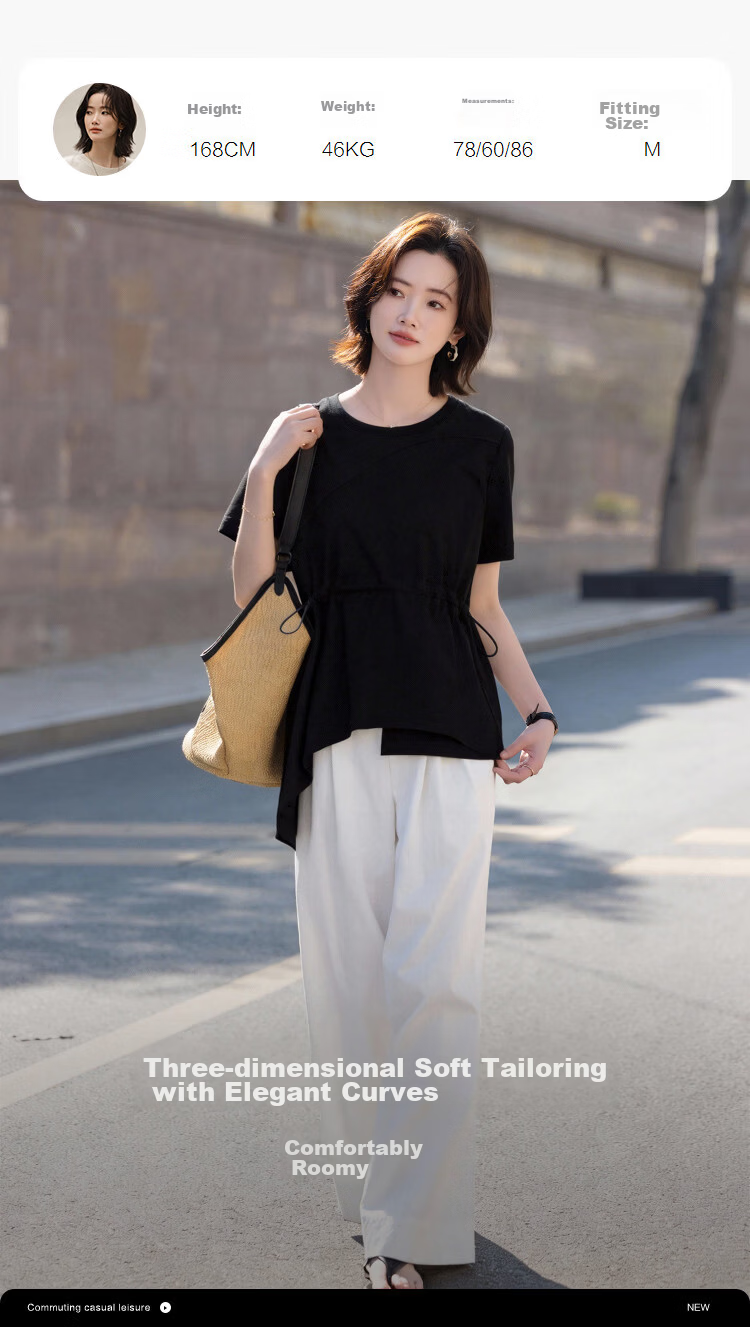 Demana [Cool Feeling Sorona] Summer Simple Round Neck Drawstring Asymmetric Hem Loose Slim T-Shirt for Women Premium Quality 10