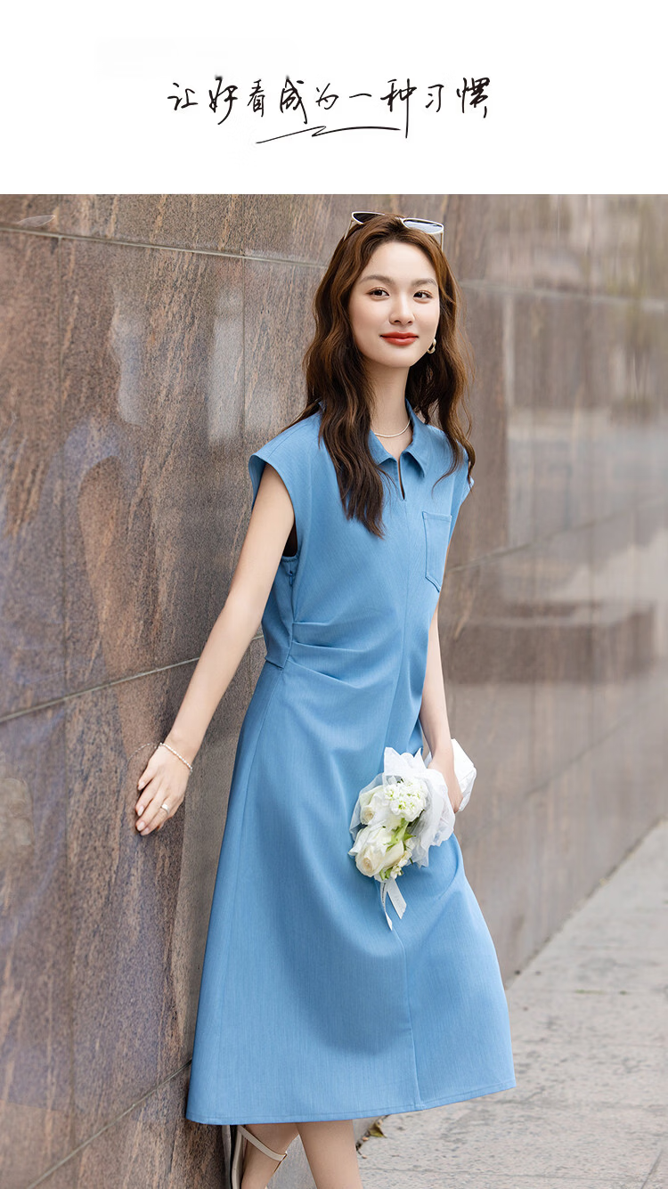 Demana [Dreamy Blue] Summer Elegant Lapel Sleeve Pleated Waist Slimming A-Line Dress for Women High-End Feel 1