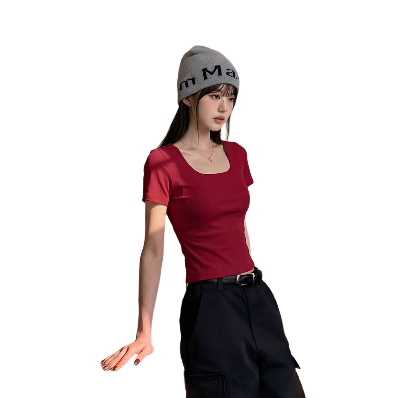 TonLion Women's Short Sleeve Square Neck Slim Fit Shoulder T-Shirt Summer New Short Top for Petite Women