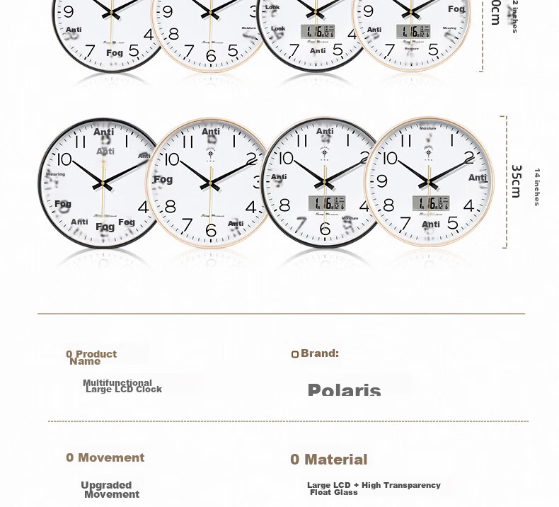 POLARIS Wall Clock Living Room Home Fashion Silent Clock No Drilling Wall Mount Simple Quartz Electronic Clock 35cm Gold 24