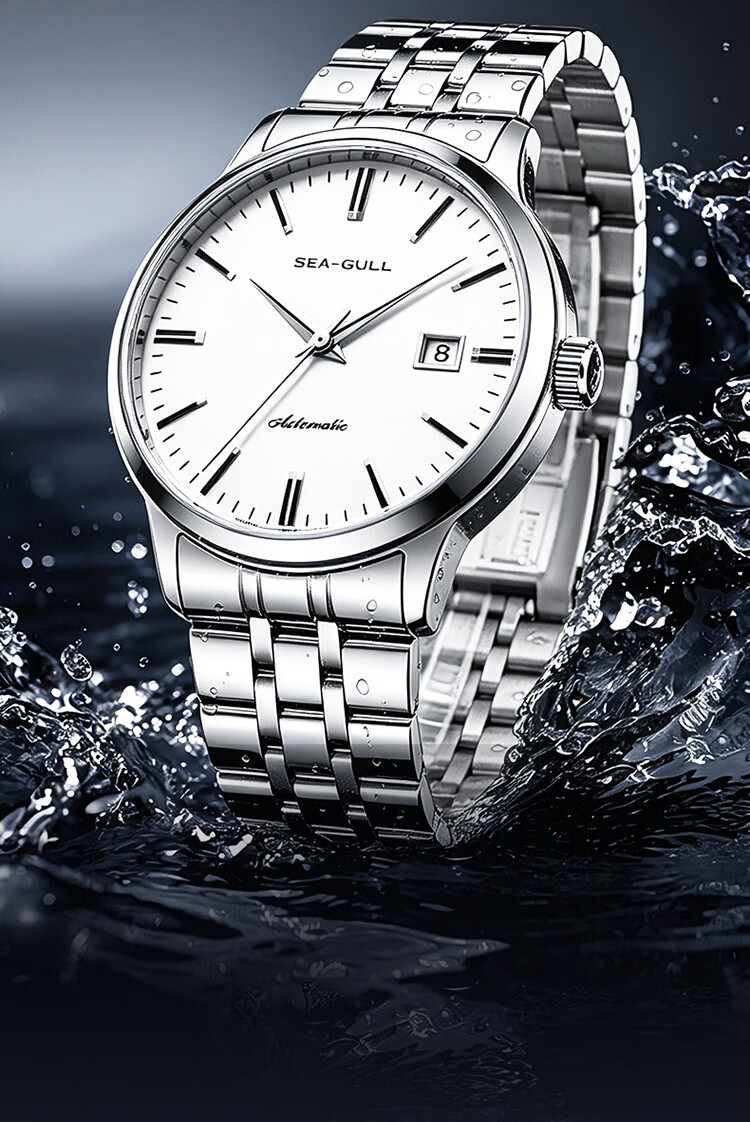 SEAGULL Men's Automatic Mechanical Watch with Date Display, Steel Strap Men's Watch, Birthday Gift for Men, Model 6613 White Dial Roman Numeral 17