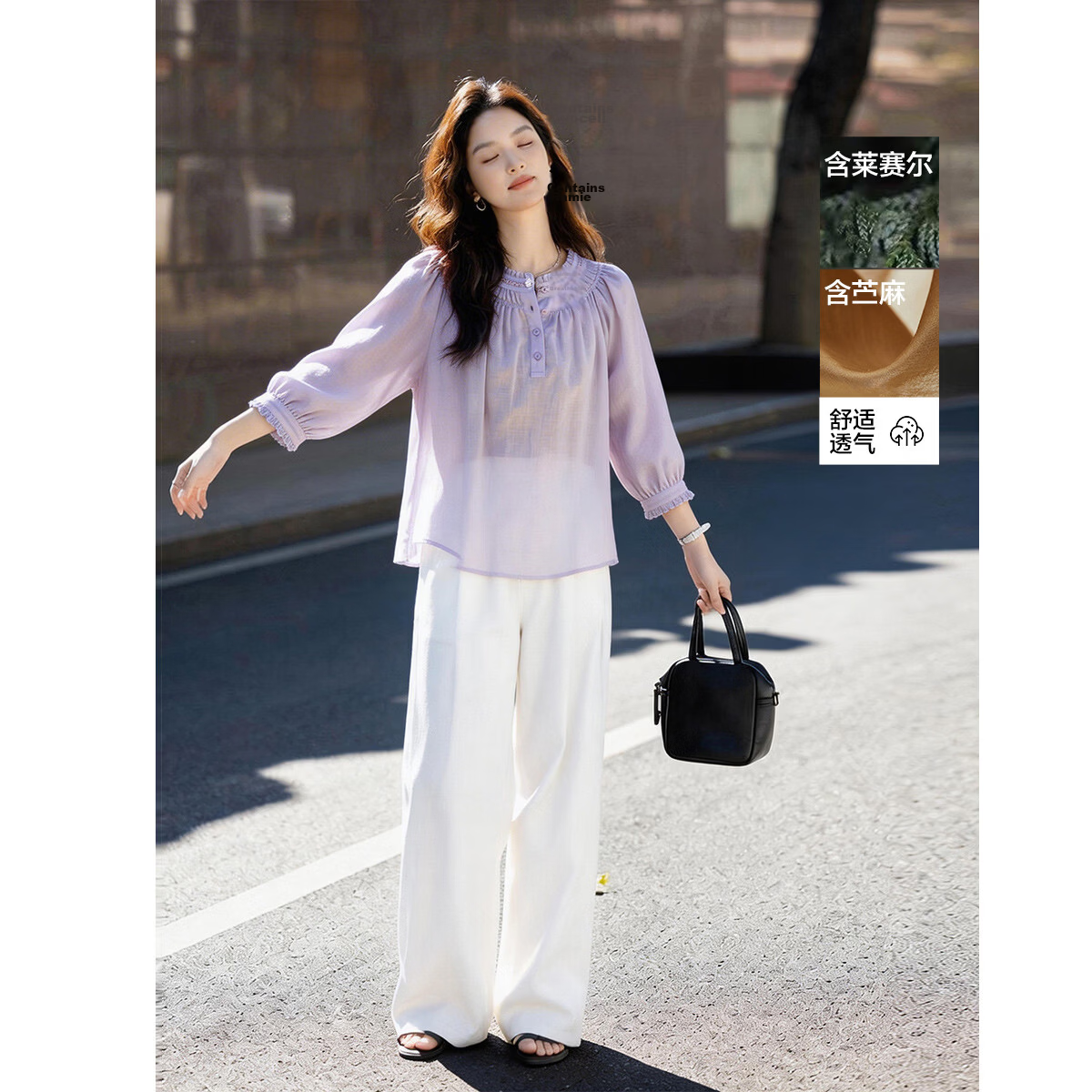 Demana [Ramie Lyocell Blend] Spring Ladies Small Ruffled Round Neck Rubber Shirred Petite Women's Shirt