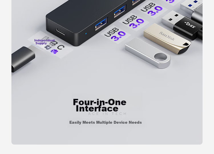 ACEELE USB 3.0 4-Port High-Speed Hub Type-C Power Delivery Splitter 1m Plug and Play Compatible with Apple/Huawei 5