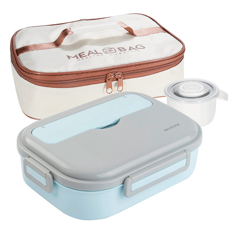 MAXCOOK 316L Stainless Steel Lunch Box, Extra Large 4-Compartment Student Lunch Box Tray 1.6L with Utensils Bag Blue MCFT6479
