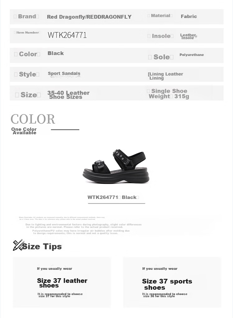 Red Dragonfly Women's Thick Sole Height Increasing Velcro Beach Sandals Lightweight Soft Sole Outdoor Shoes WTK264771 Black Size 36 8
