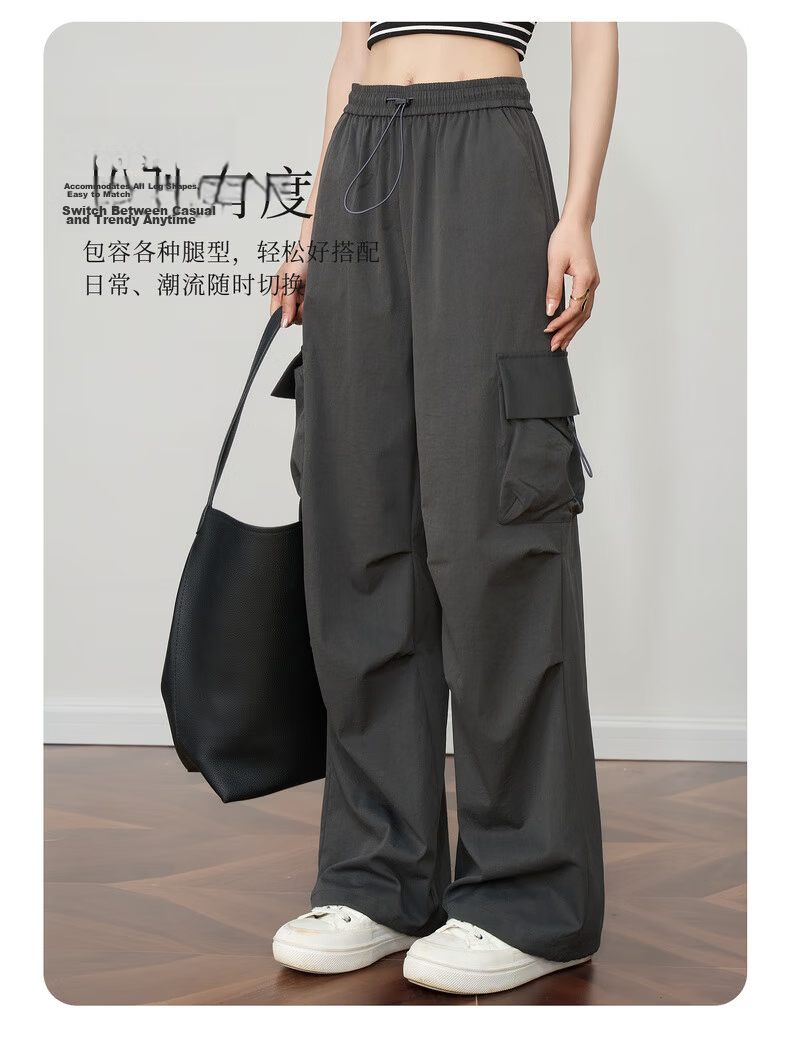 Olrain Women's Gray American Casual Workwear Pants Summer Vintage Sports High-Waist Trousers Gray XL 11