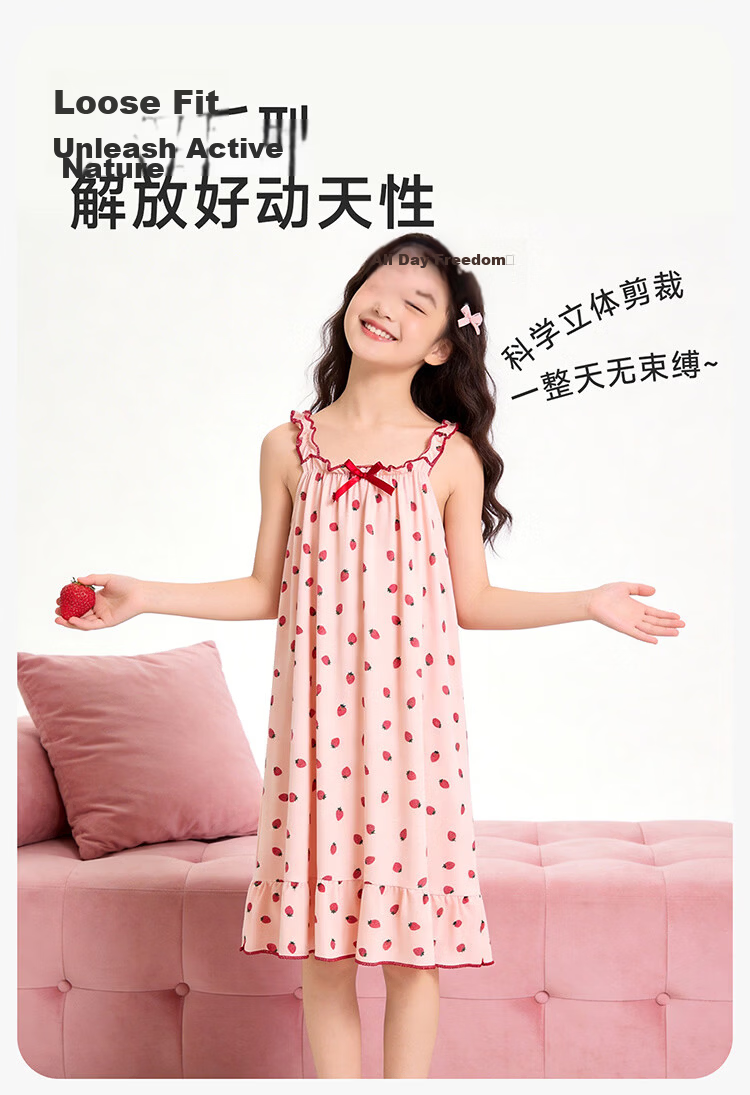 Hodo Girls' A-Class Antibacterial Summer Cool Sweet Nightdress Sleeveless Dress Homewear for Older Children 14