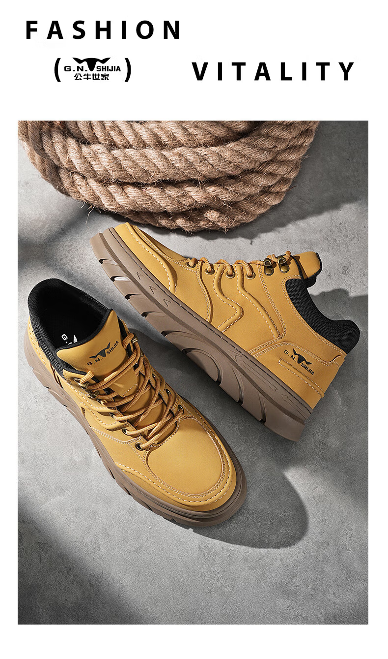 Bull Family Martin Boots Men Autumn Winter New High-top Durable Work Boots Thick Sole Height Increasing Yellow Boots Men's Versatile Biker Shoes 19