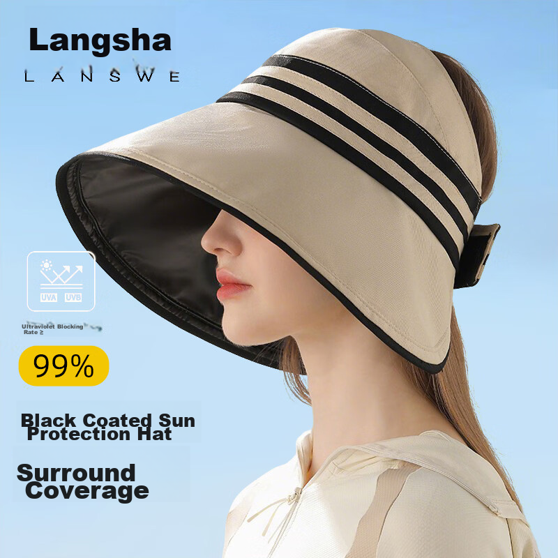 Langsha Women's Summer Foldable Sun Hat Black Coating Wide Brim Open Top Casual Sun Fisherman Hat Beige