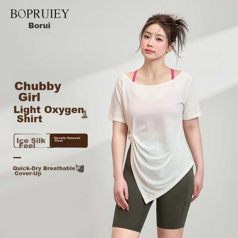 Borui Women's Summer Quick-Dry Sports Pullover T-Shirt Plus Size Yoga Fitness Short Sleeve Top