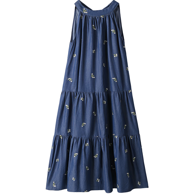 INMAN Floral Embroidered Halter Neck Sleeveless Dress Summer 2026 Women's Long Dress Deep Blue S
