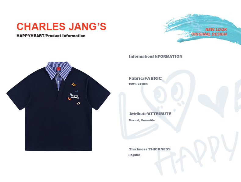 Charles Heart-Shaped False Two-Piece Cotton Couple Short Sleeve Polo Shirt with Butterfly Print Navy Blue S 7