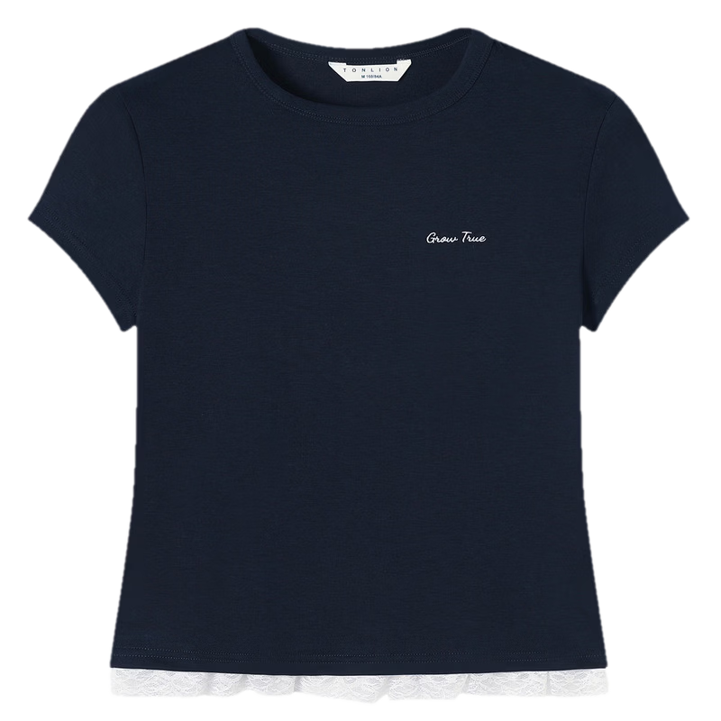 TonLion 2026 Summer New Women's Short Sleeve Slim Fit T-Shirt Navy Blue Lace Patchwork Fashion Trend