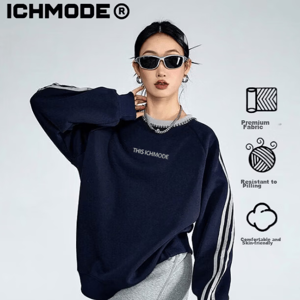 ICH MODE American Style Crewneck Pullover Sweatshirt Vintage Striped Women's Spring Autumn Long Sleeve Loose Sports Jacket Blue M