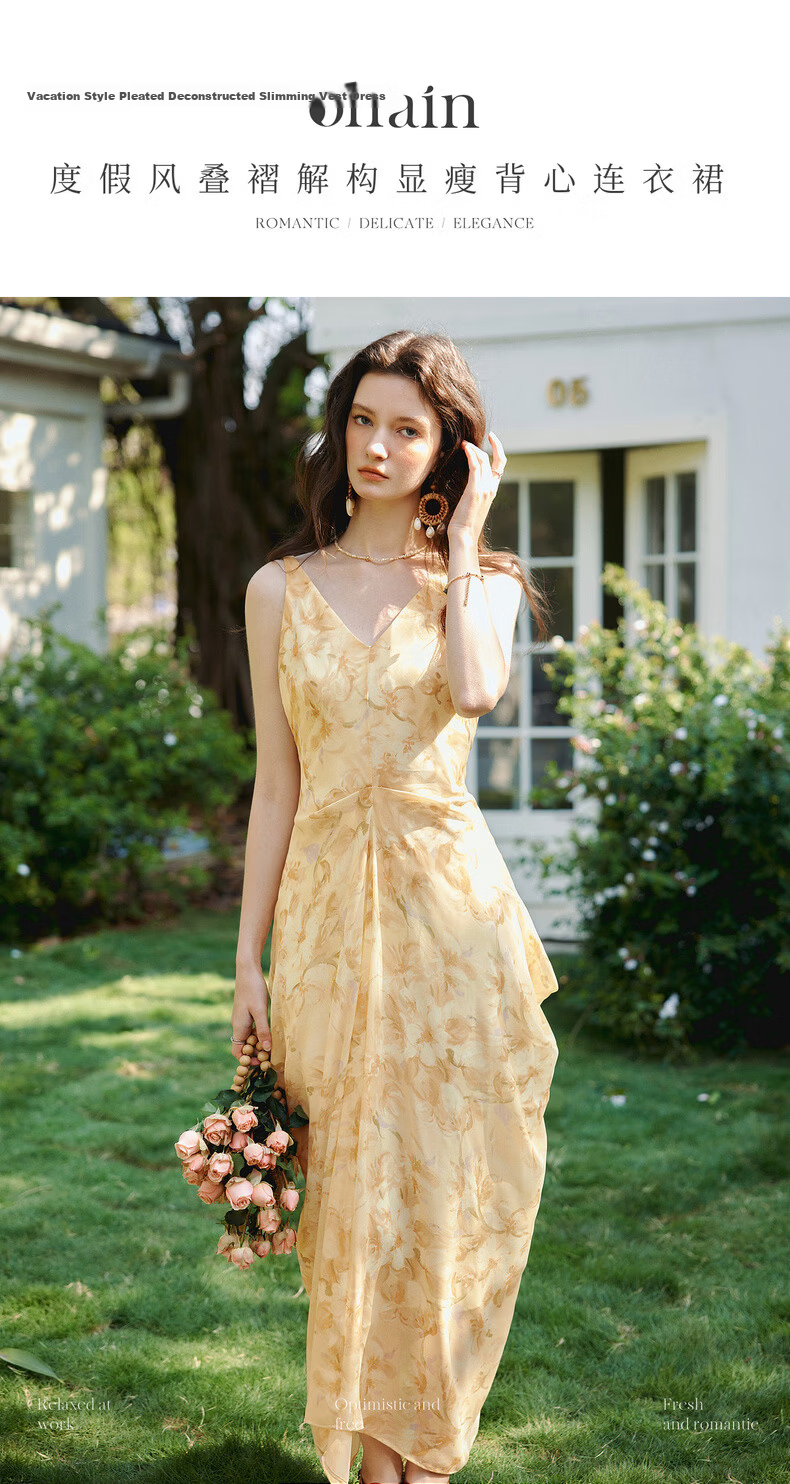 Olrain Oureier Summer New V-Neck Vest Dress Layered Pleated Deconstructed Vacation Style Printed Long Dress Yellow M 1