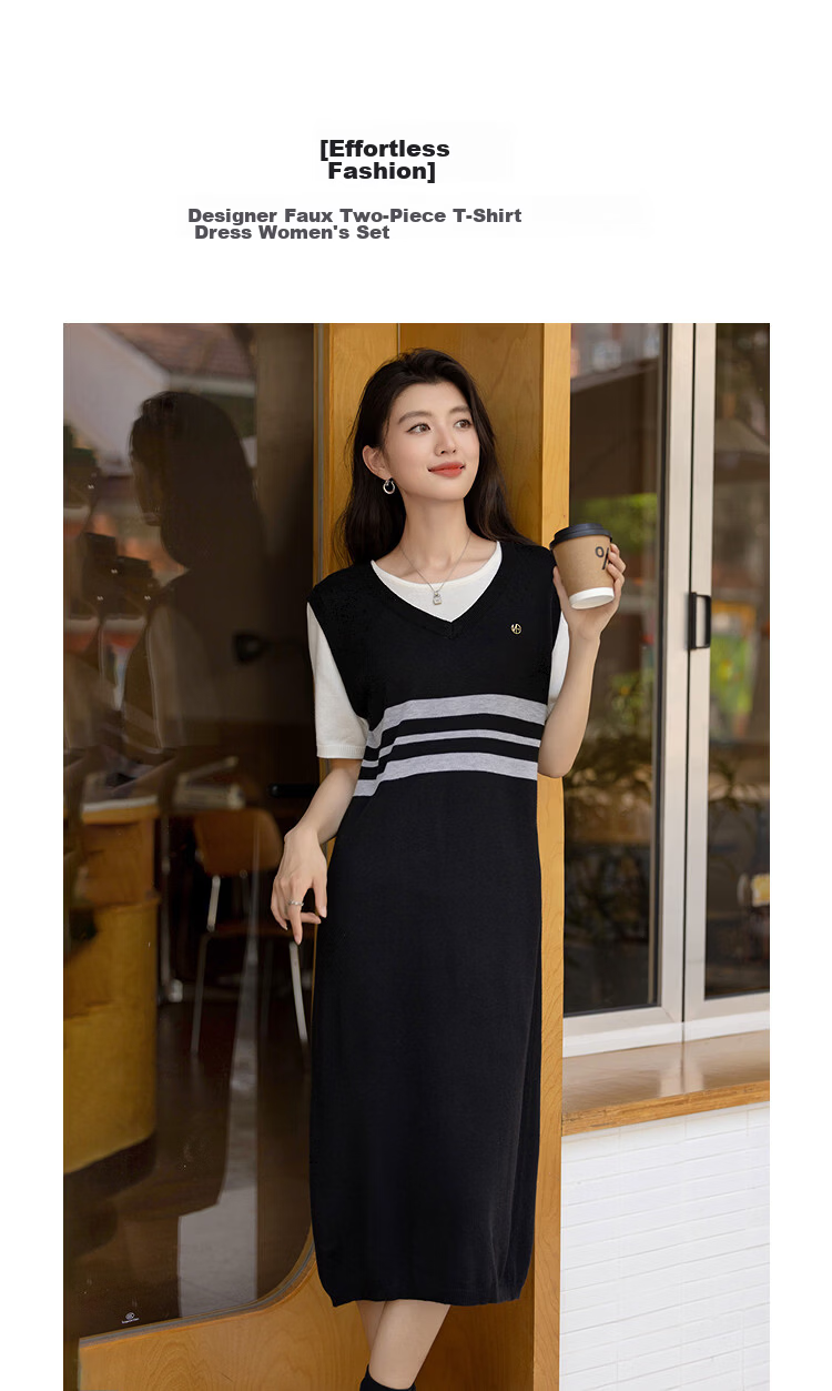 Demana [Mulberry Silk and Wool Blend] Spring Faux Two-Piece Short Sleeve T-Shirt Dress Slim Fit Women's Set 5