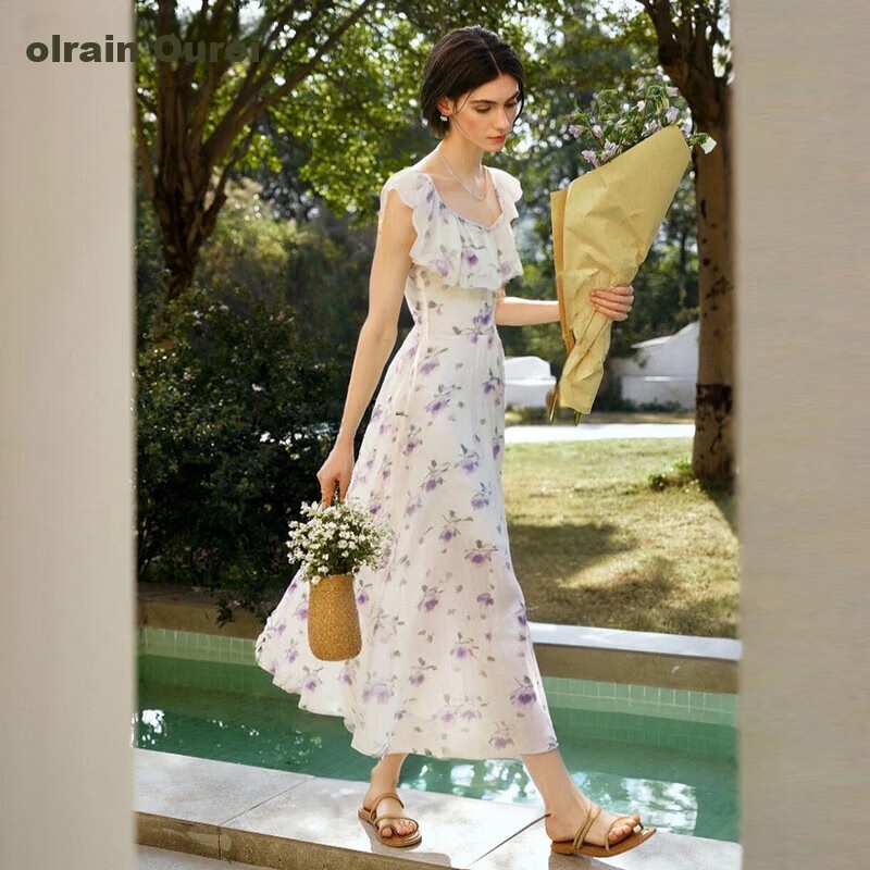 Olrain Purple Gentle French Style Dress Women Summer Square Neck Waist Slimming Long Dress Purple L