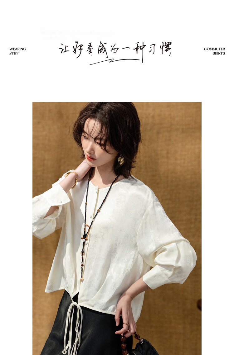 Demana [Moonlit Sea Glow] Spring National Style New Chinese Round Neck Jacquard Top Tie Loose Petite Women's Shirt 10
