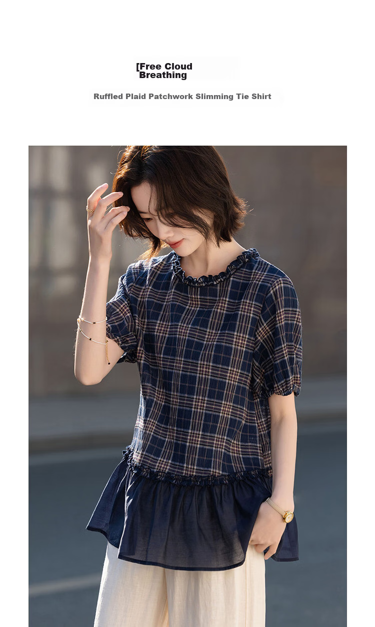 Demana Fresh Cloud Cotton Summer Ruffle Edge Plaid Patchwork Tie Short Sleeve Loose Slim Shirt for Women Premium Feel 5