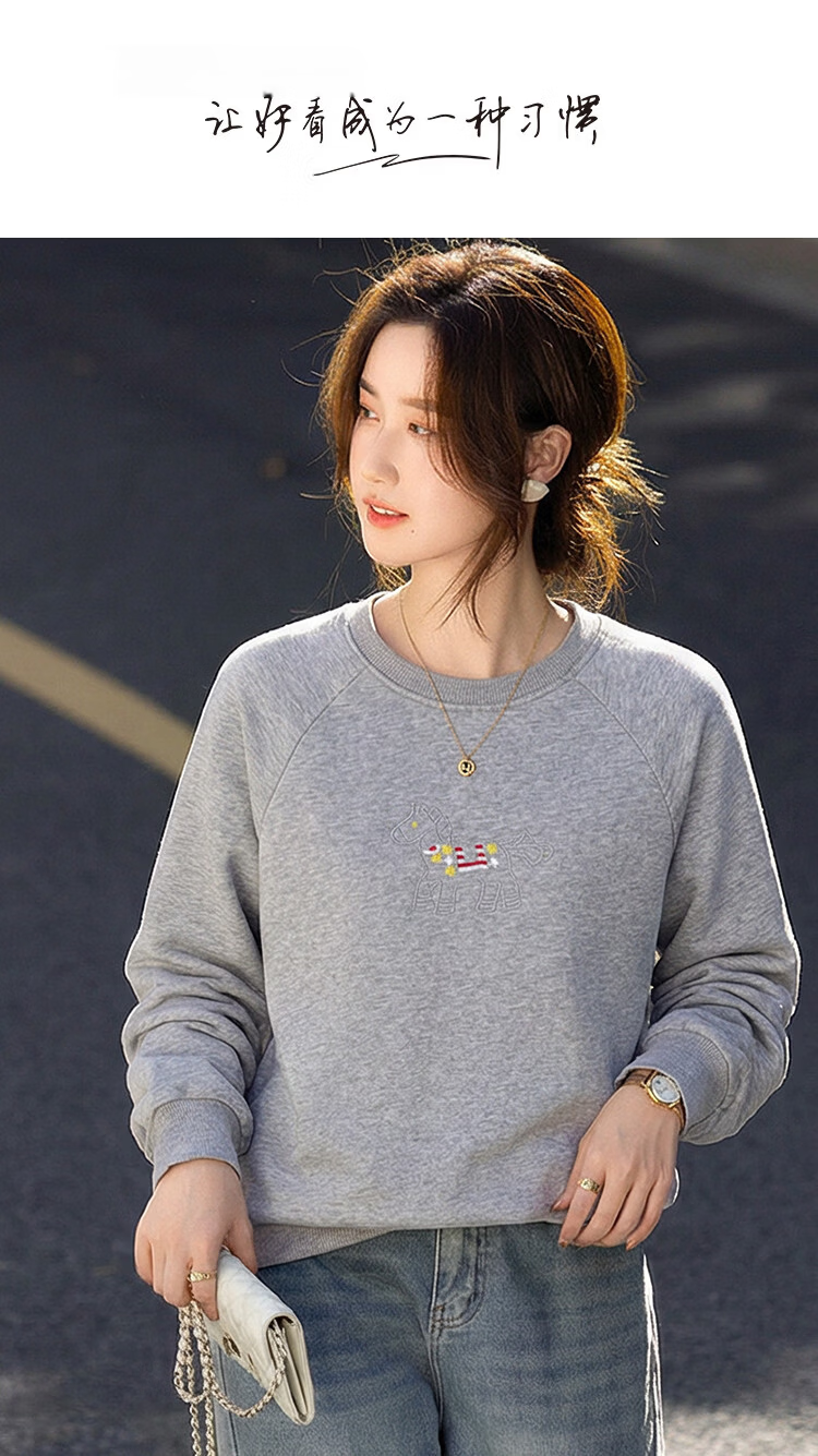 Demana [Cloud Oxygen Cotton Series] Summer Heavywork Pony Embroidery Crew Neck Long Sleeve Slim Fit Petite Sweatshirt for Women Premium Feel 1