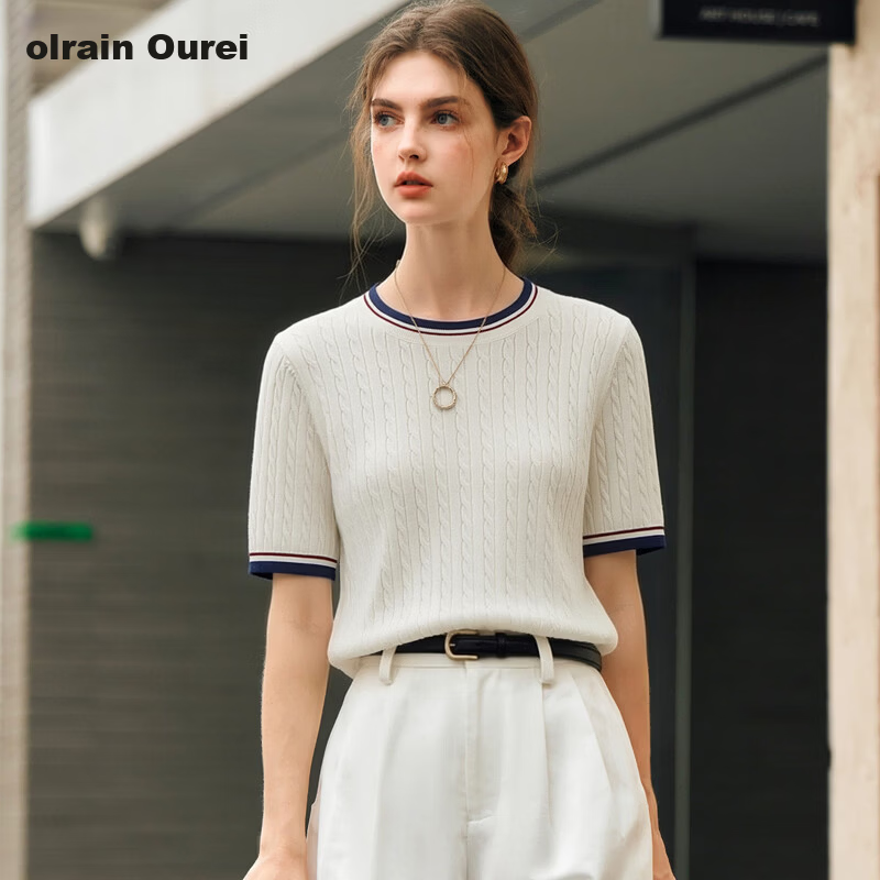 Olrain Women's Summer Casual Narrow Edge Color-Block Round Neck 3D Cable Knit Sweater Top White M