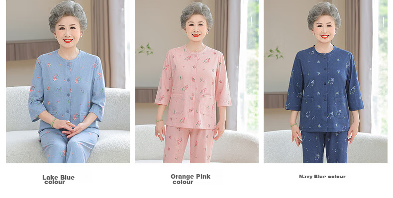 Fengxiao Middle-aged and Elderly Mom Spring Pajama Set Two-piece Pure Cotton Elderly Homewear Grandma Loose Long Sleeve Suit 6