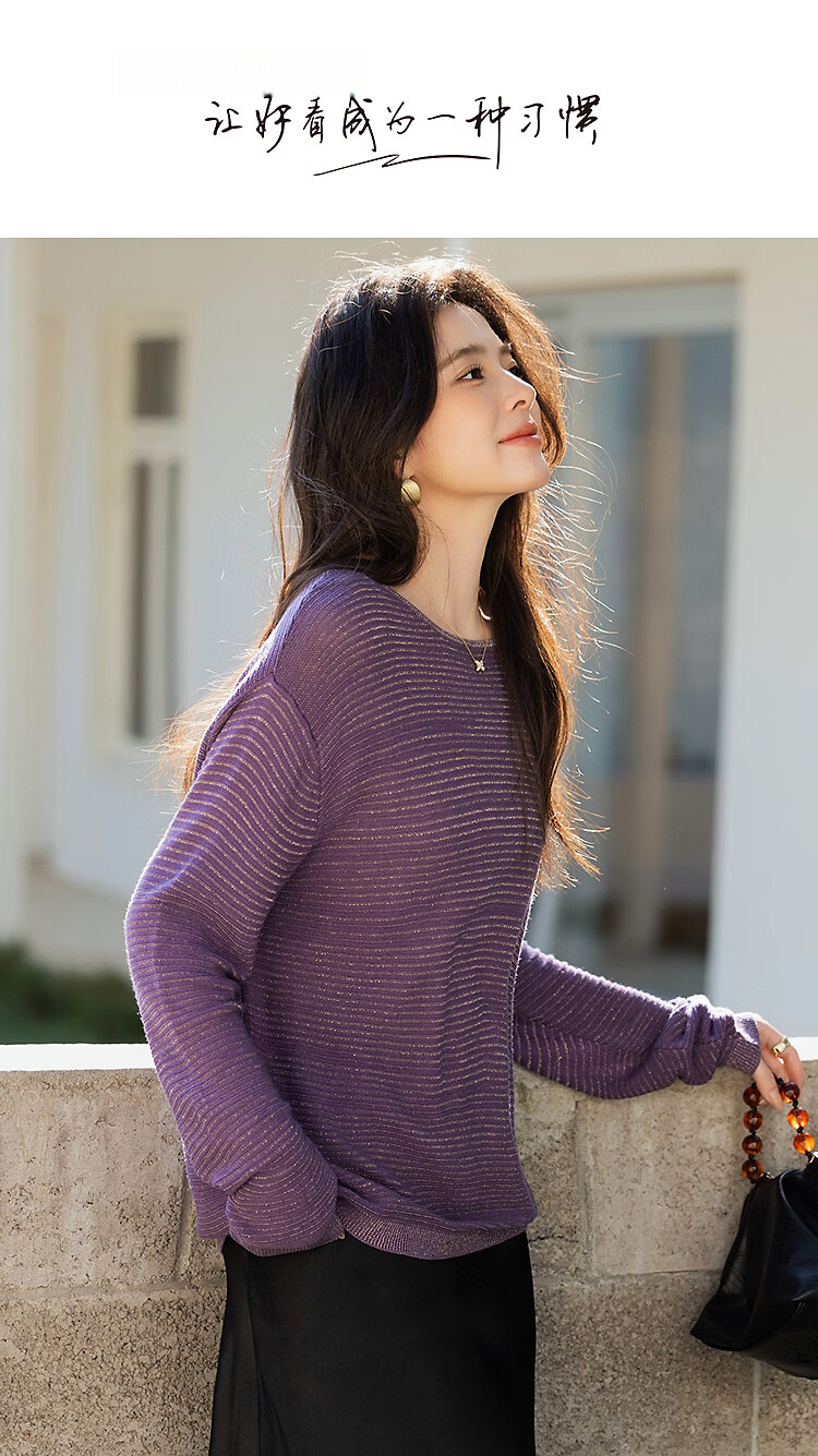 Demana Women's Spring Lady Style Round Neck Sweater with Metal Thread Loose Knit Blended Wool and Mulberry Silk 1