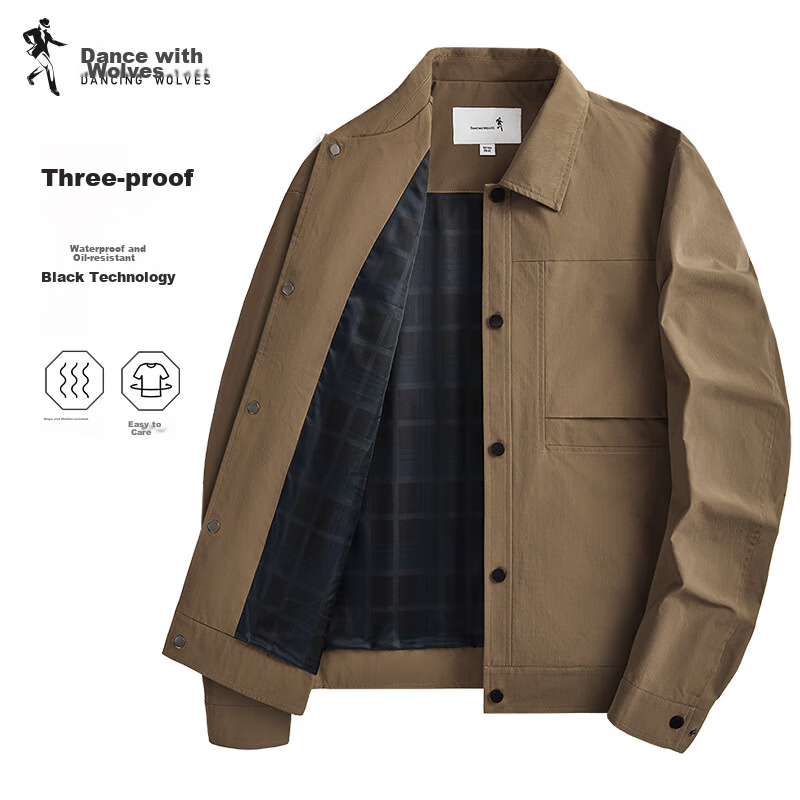 DANCING WOLVES [Three-Proof Technology] Turn-Down Collar Workwear Executive Jacket Men Windproof Coat Versatile Outerwear 702 Deep Apricot L