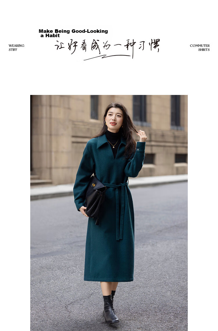 Demana [French Luxury Style] Winter Urban V-Neck Thick Textured Wool Belted A-Line Women's Dress 13