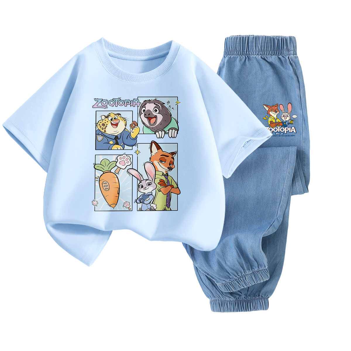 Disney Zootopia Boys' Short Sleeve T-Shirt and Tencel Mosquito-Repellent Pants Set - Animal Ice Blue T-Shirt + Rabbit Fox Light Blue Pants, Size 130