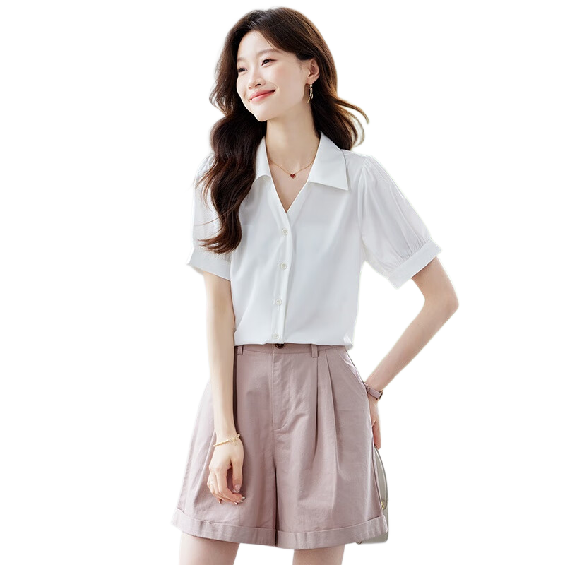 JEANSWEST Women's Shirt Summer Short Sleeve Puff Sleeve Professional Formal Cardigan Top White L