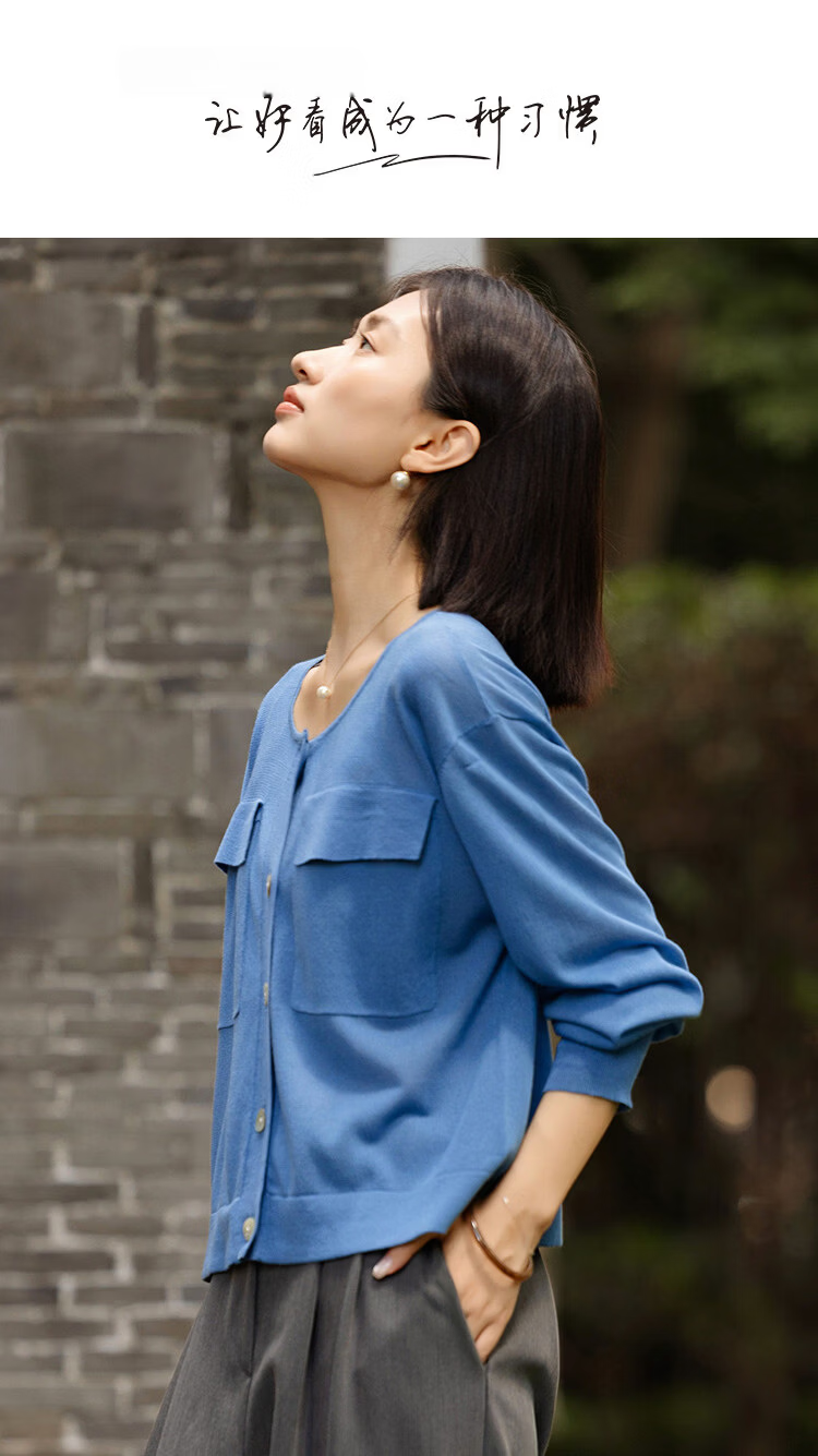 Demana Luxurious Tencel Cardigan Spring Lightweight Round Neck Patch Pocket Long Sleeve Loose Knit Sweater for Women 1