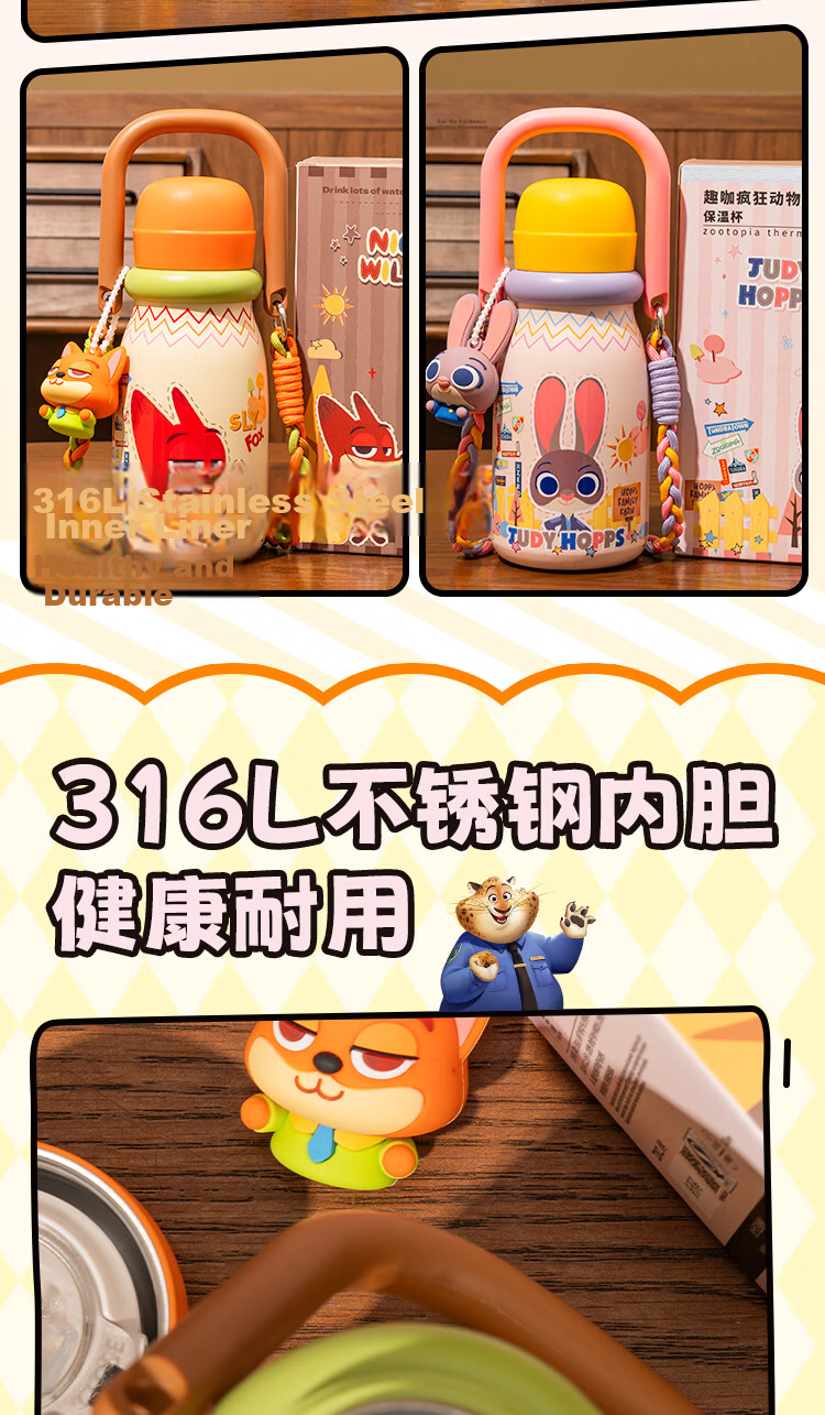 Wangbaifu Zootopia Kids Insulated Water Bottle for Ages 6-12, Food Grade Portable Kindergarten Student Cup 4