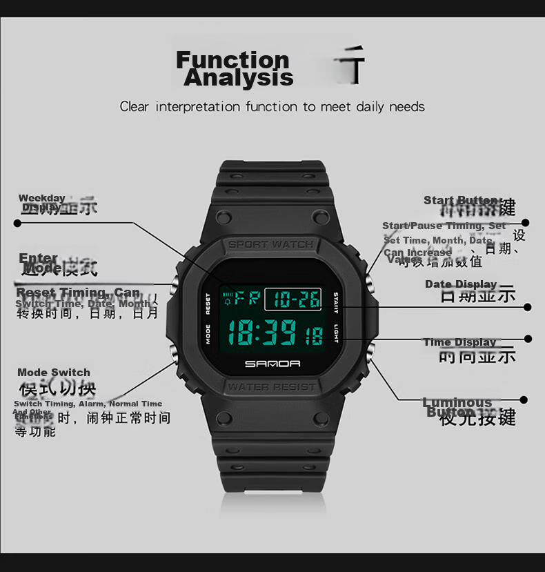 Wodu Youth Square Digital Sports Multifunction Alarm Clock Waterproof Boys Watch for Middle and High School Students Kids 8