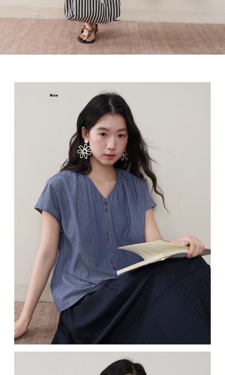 Giordano Designer Women's Summer New Cotton Linen Tie-Striped V-Neck Short Sleeve Shirt 18346311 11