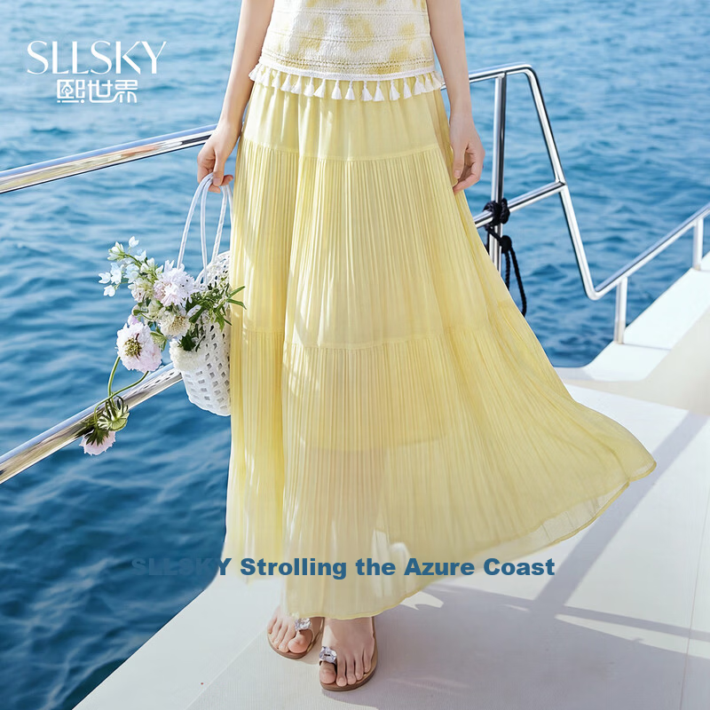 Sllsky Bohemian Chiffon Pleated Midi Skirt Women Summer Lightweight Beach Vacation A-Line Cake Skirt