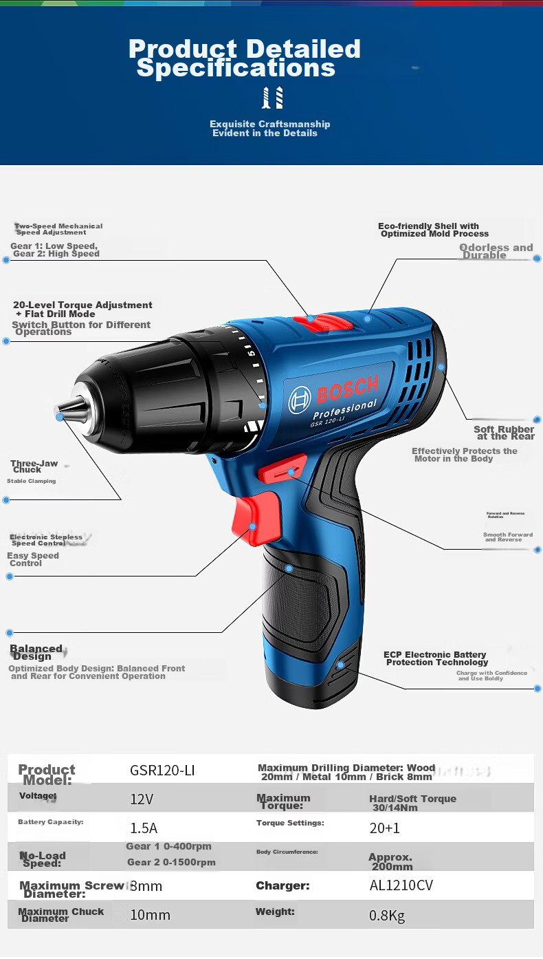 BOSCH GSR120-Li Cordless Electric Drill Lithium Battery Rechargeable Screwdriver Power Tool Single Battery 16