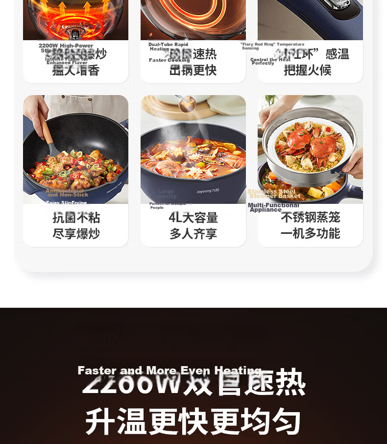 Joyoung Electric Wok And Cooker with Precise Temperature Control, Multi-Functional Household Electric Hot Pot, 2200W High Power, All-In Steaming And Cooking Multi-Purpose Pot [Single Pot Model] GC45 5