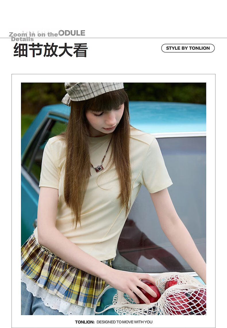 TonLion 2026 Summer New Slim Fit Women's Short Sleeve T-Shirt Stylish Unique Design Solid Color 3