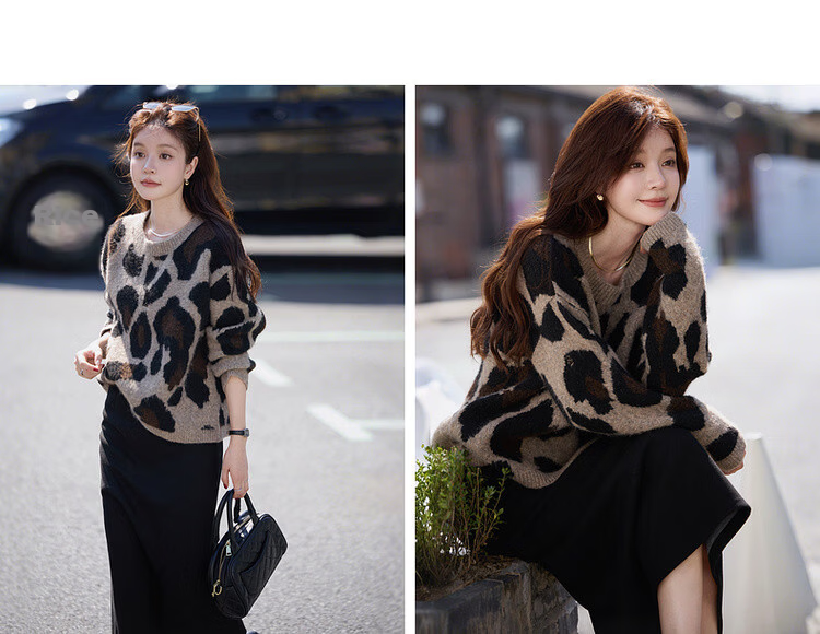 MT Leopard Print Vintage Style Winter Round Neck Jacquard Wool Blend Loose Knit Sweater for Women 11